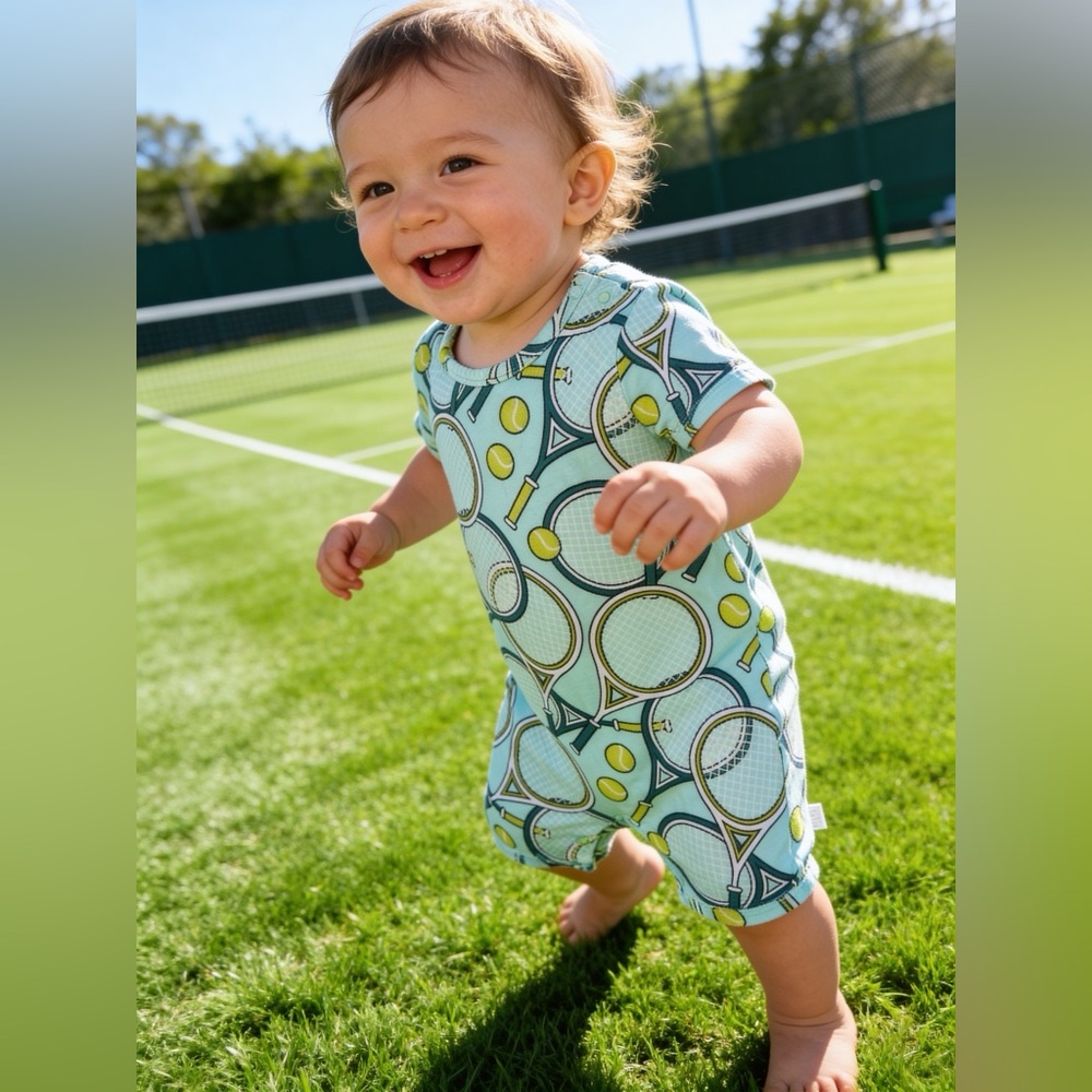 Posh Peanut Bamboo Tennis Short Sleeve Short Romper Blue 12-18M
